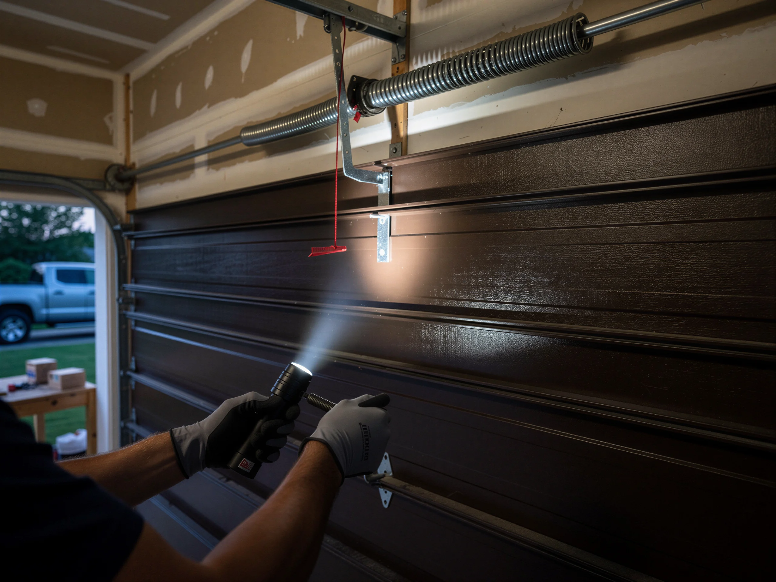A technician shines a flashlight on a brown garage door and torsion spring.