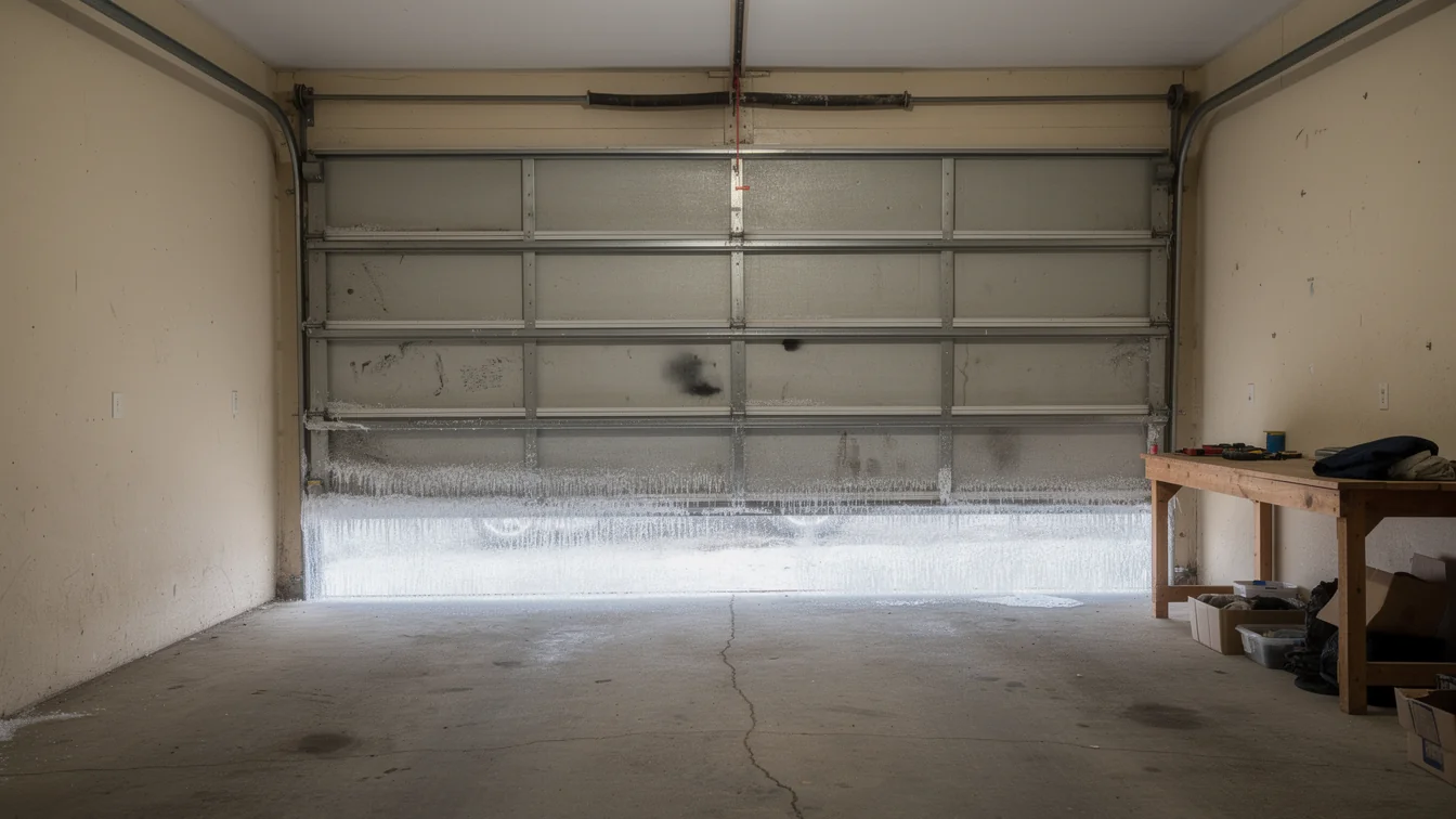 The garage door is covered in ice and icicles at the bottom.