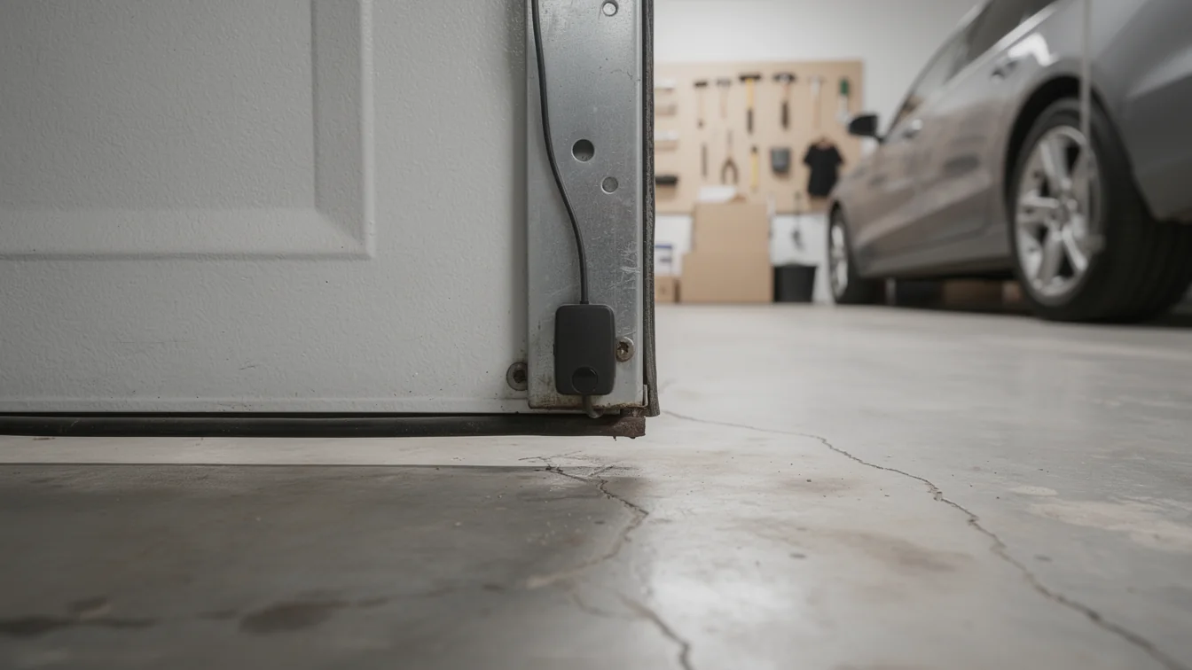A white garage door with a sensor attached to the bottom.