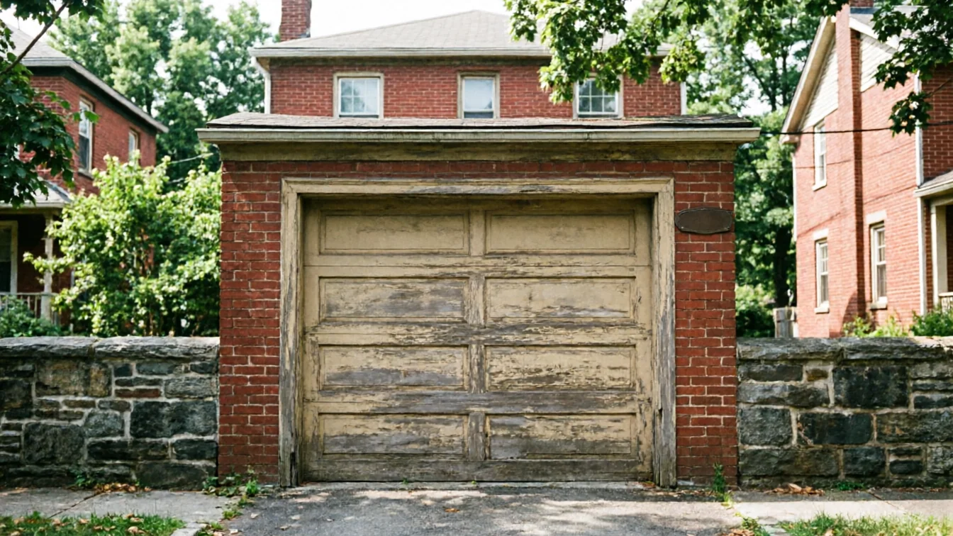 A weathered wooden garage door is set into a red brick garage.