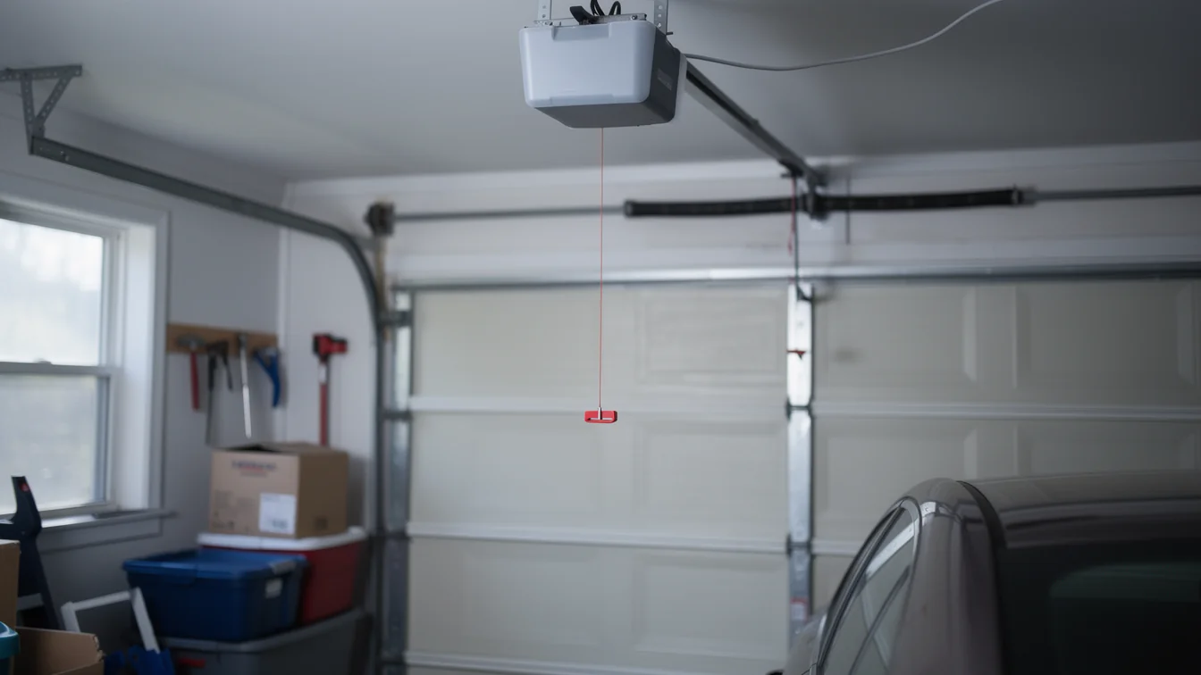 A garage door opener hangs from the ceiling with a red emergency release cord.