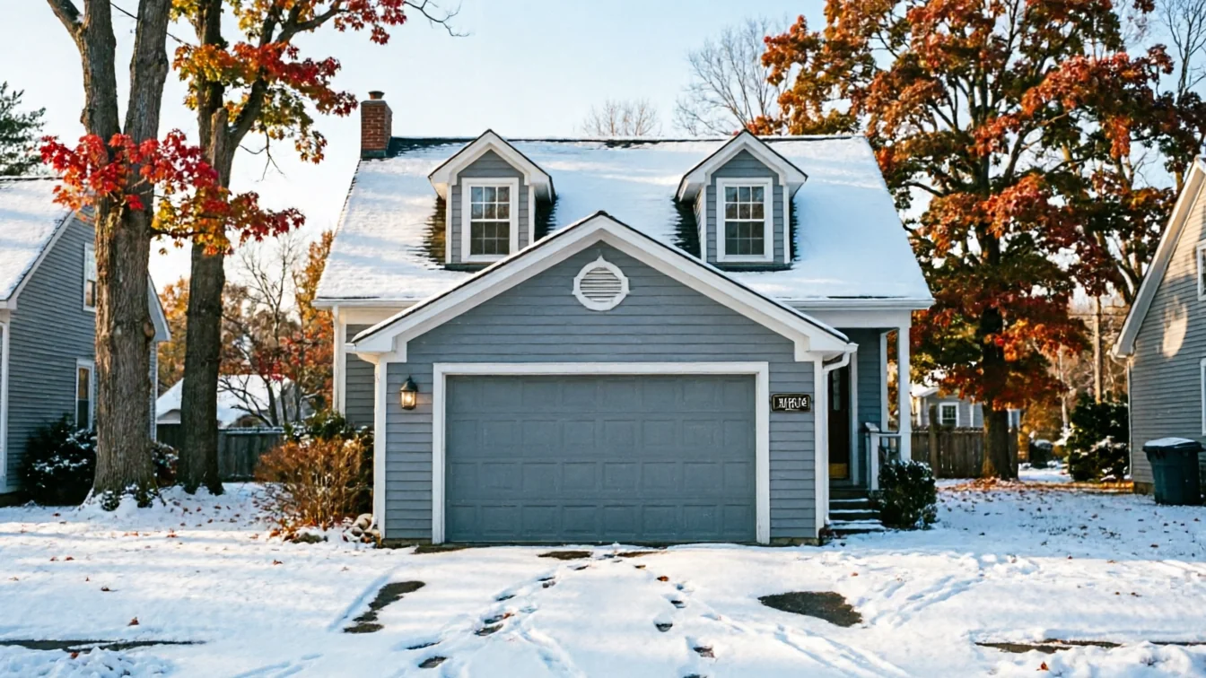 A gray house with a gray garage door and snow on the roof and ground.