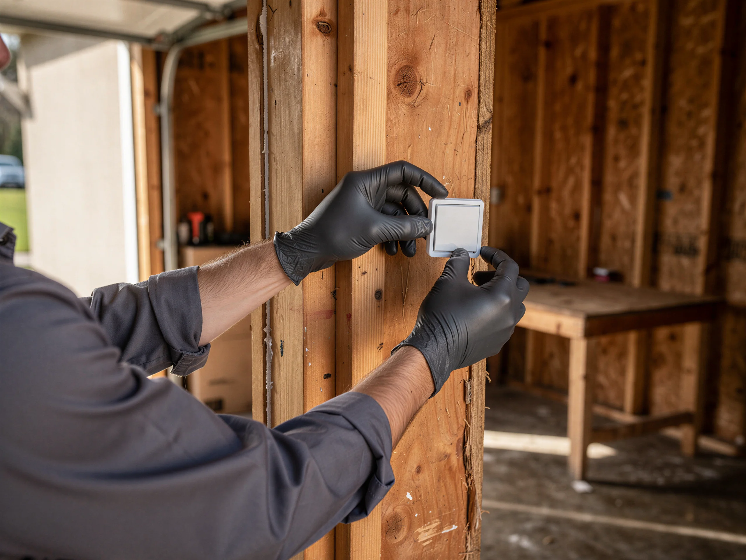 A technician in black gloves installs a white garage door opener button on a wooden wall.